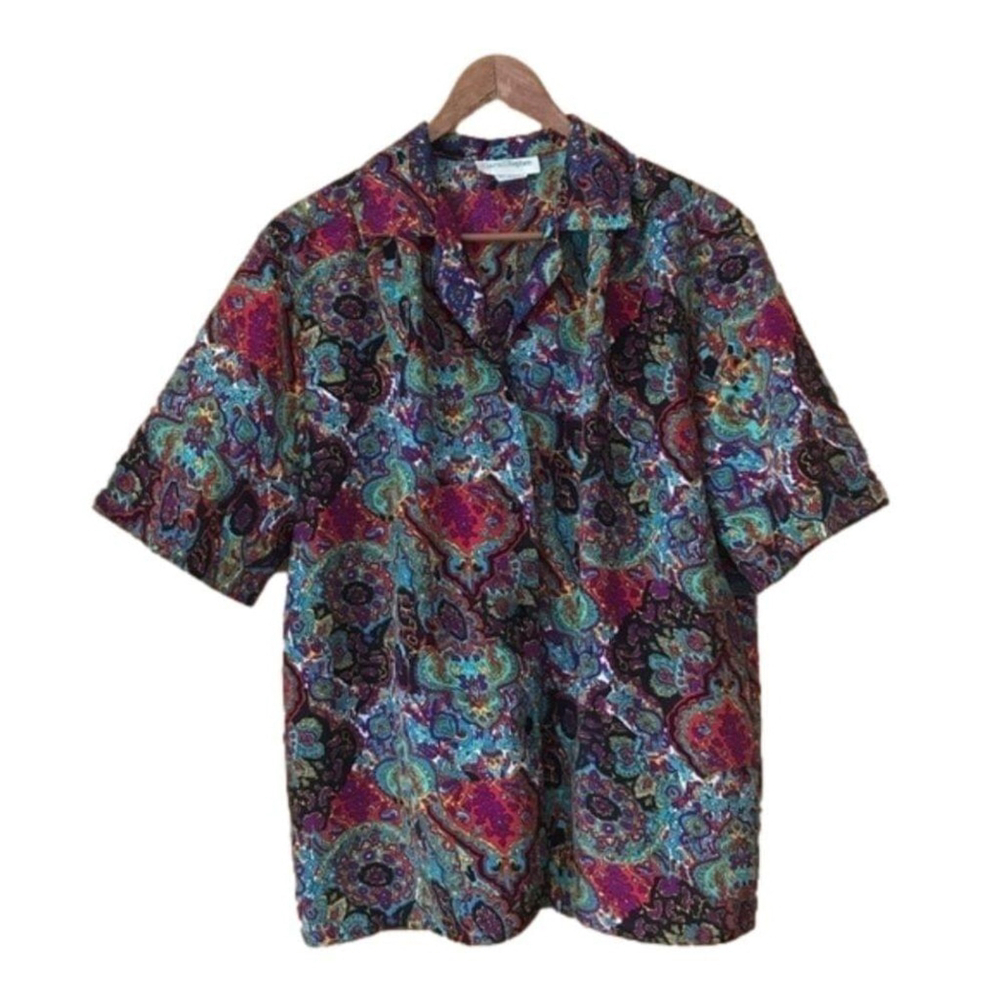 Vintage Sara Stephen colorful jewel tones printed blouse size medium